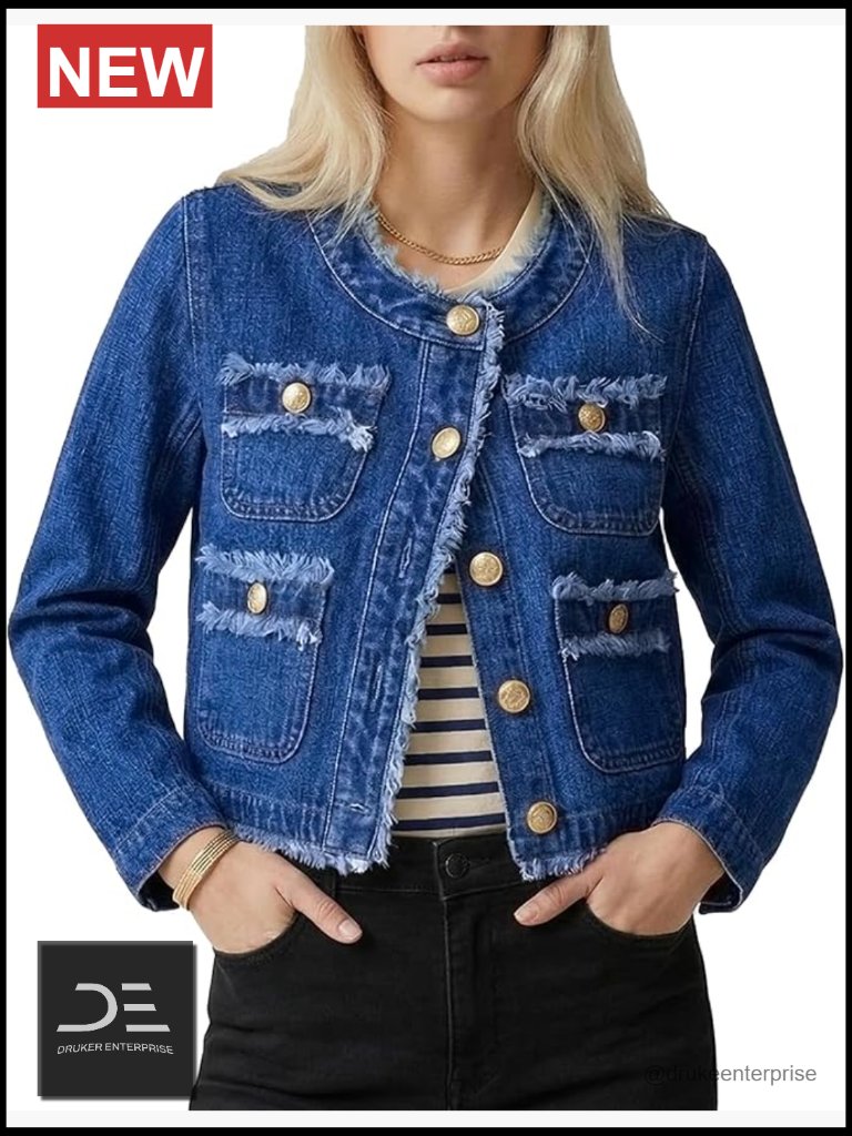 Cropped Distressed Denim Jacket Button Front Raw Hem Collarless Coat